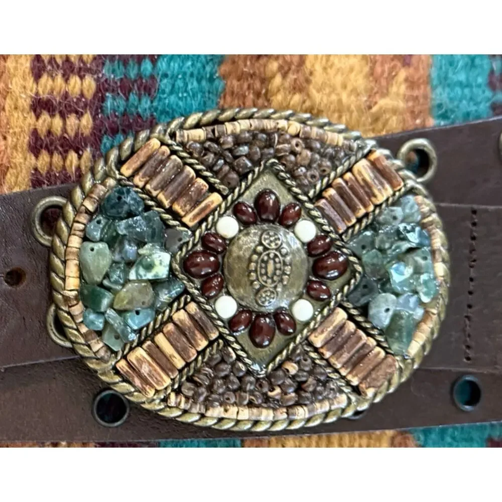 Cabi Genuine Leather Brown Wide Belt Beaded Mosaic Statement Buckle